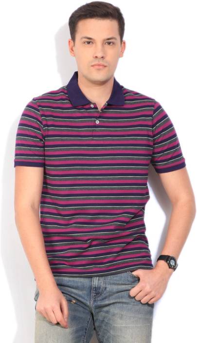 Peter England Striped Men's Polo Neck Purple T-Shirt